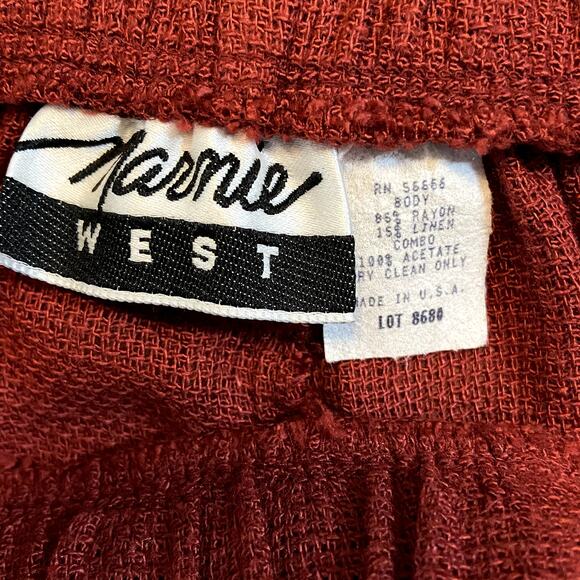 Vintage Marnie West Linen Pants 90s USA Straight Elastic Drawstring Red 10 30x29 - Picture 3 of 4